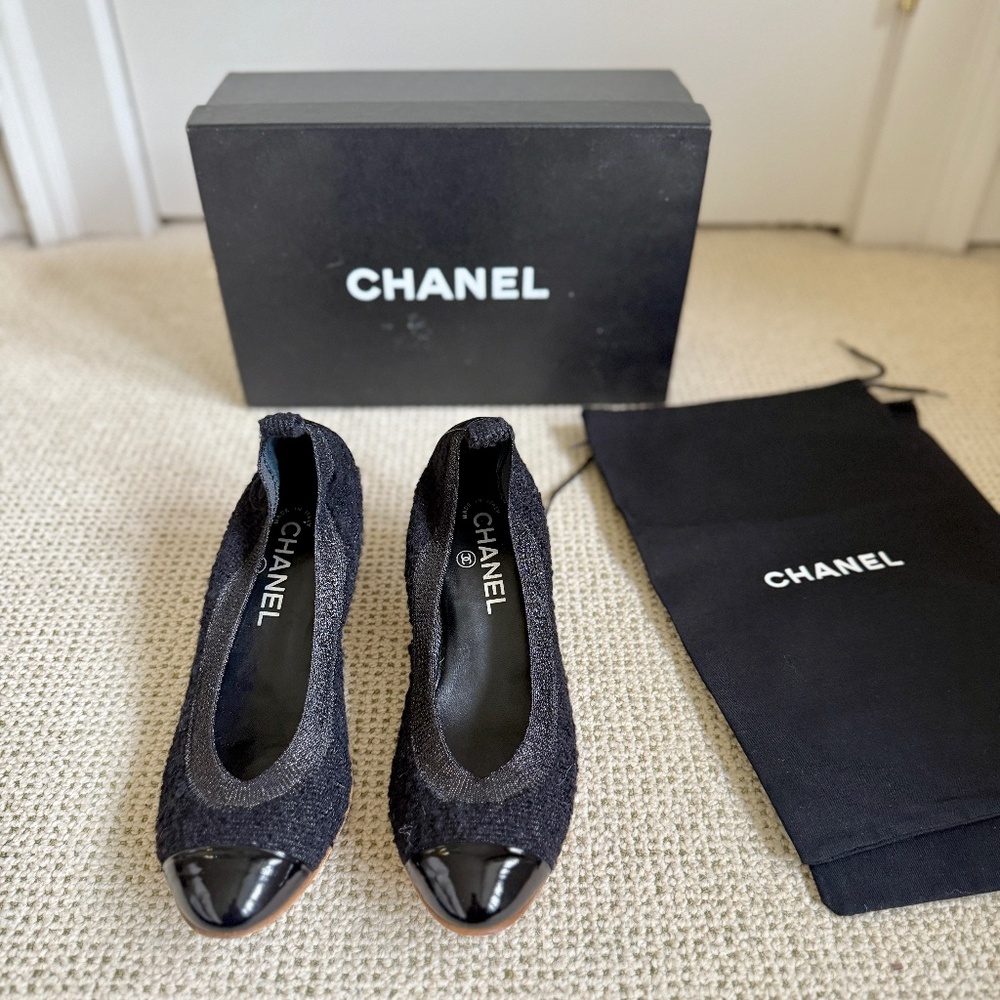 CHANEL Vintage Tweed Slingback Pumps Black 38.5 Karl Lagerfeld